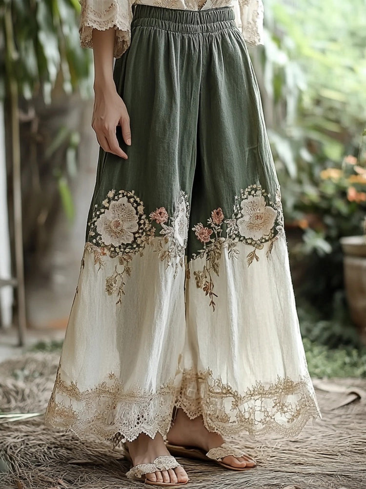 Vintage Floral Embroidered Linen Blend Lace Casual Pants artswardrobe