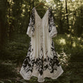 Vintage Floral Embroidered Pattern Linen Flowy Contrast Color Maxi Dress artswardrobe