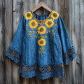 Women's Sunflower Embroidered Lace Patchwork Linen Blend Shirt1 artswardrobe