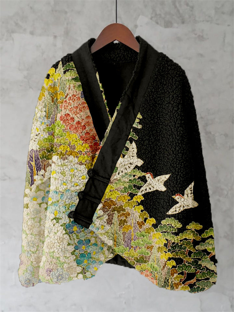 Comstylish Japanese Art Painting Pattern Fleece Kimono Cardigan
