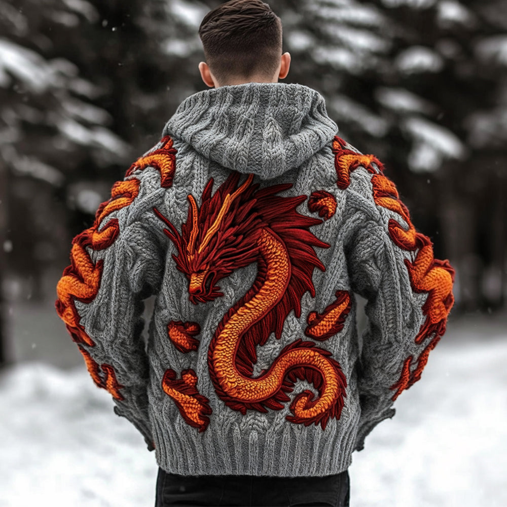 Men's Viking Dragon Celtic Thick Knit Zip-up Hooded Sweater artswardrobe