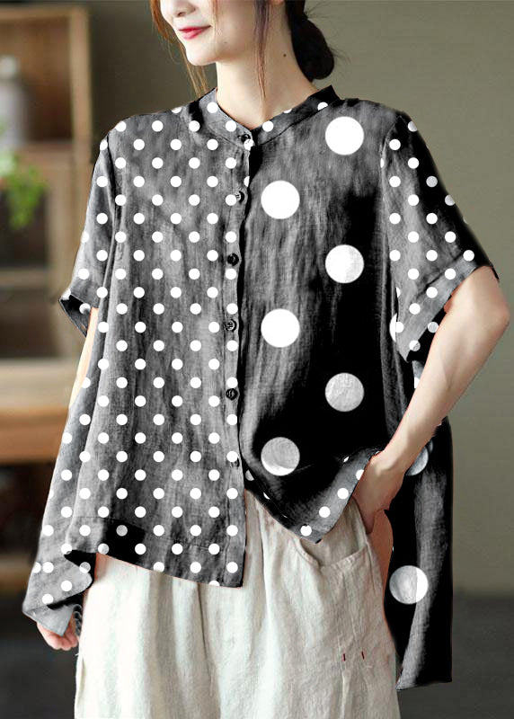 Black Geometry Summer Side Open Stand Collar Ramie Loose Short Sleeve