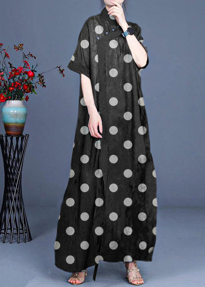 Classy Black Polka Dots Patchwork Oriental Long Dress Summer