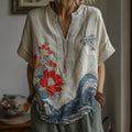 Vintage Japanese Art Lotus Pattern Linen Comfy Shirt artswardrobe