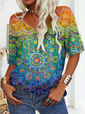 Women's Colorful Gradient Mandala Art Print 100%Cotton V-neck T-Shirt