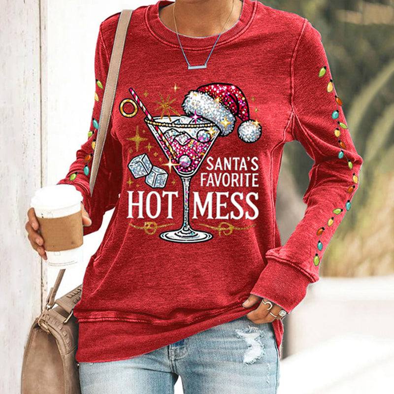 Comstylish Women's Christmas Santa's Favorite Hot Mess Print Crew Neck Sweatshirt