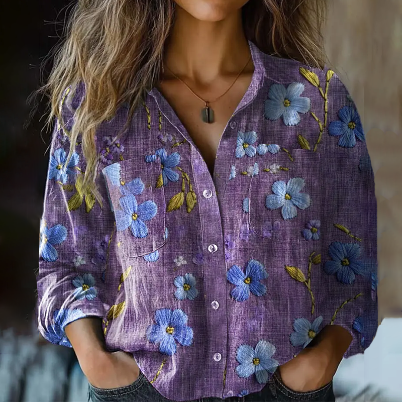 Bohemian Style Purple Floral Embroidery  Linen Print  Long Sleeve Shirt artswardrobe