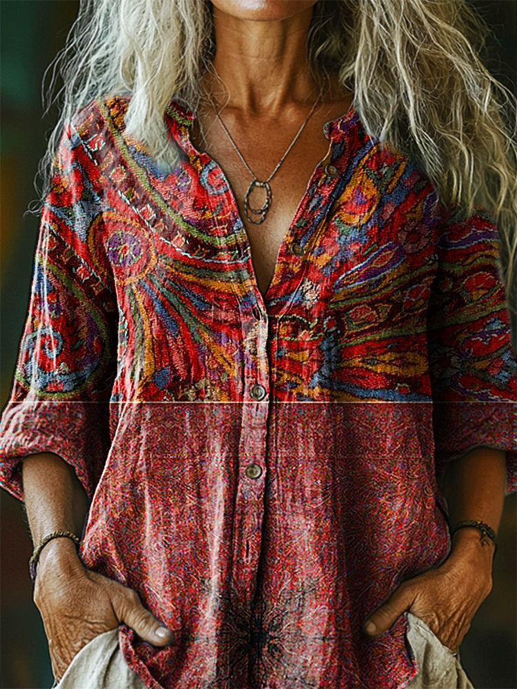 Women's Bohemian Floral Art Print Casual Cotton Linen Shirt