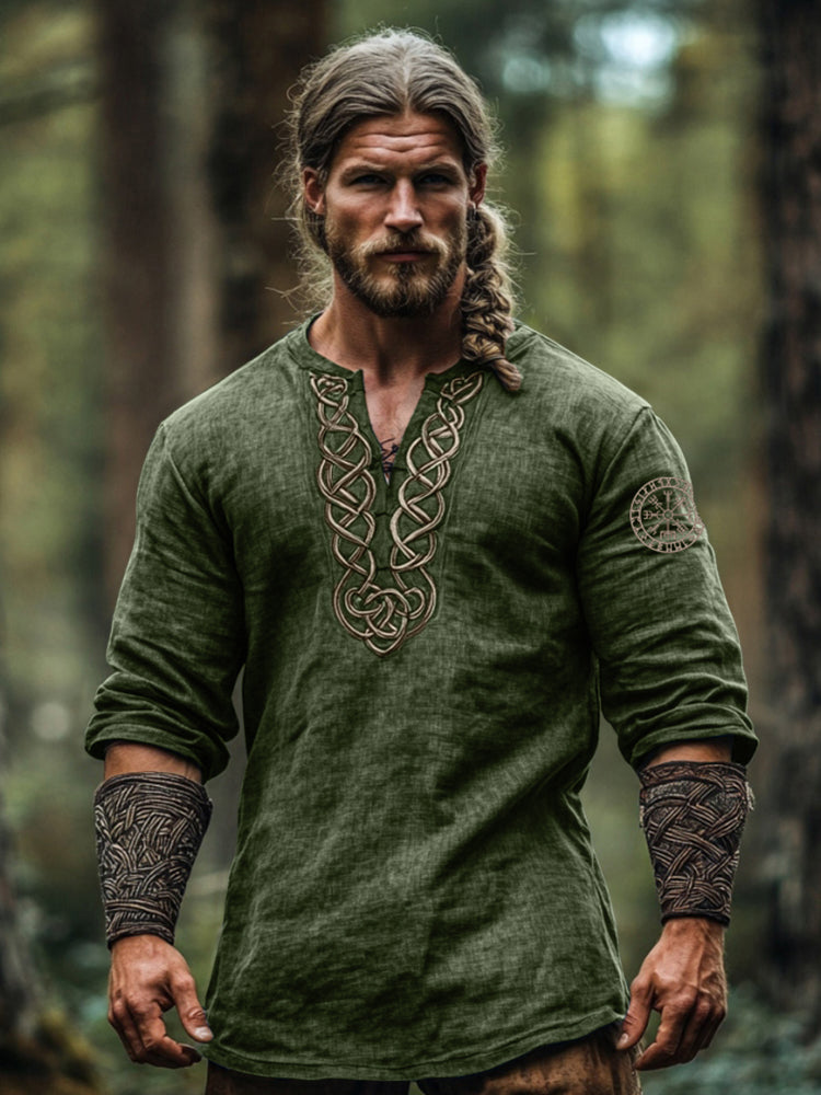 Men's Vintage Viking Symbol Linen V-neck Shirt artswardrobe