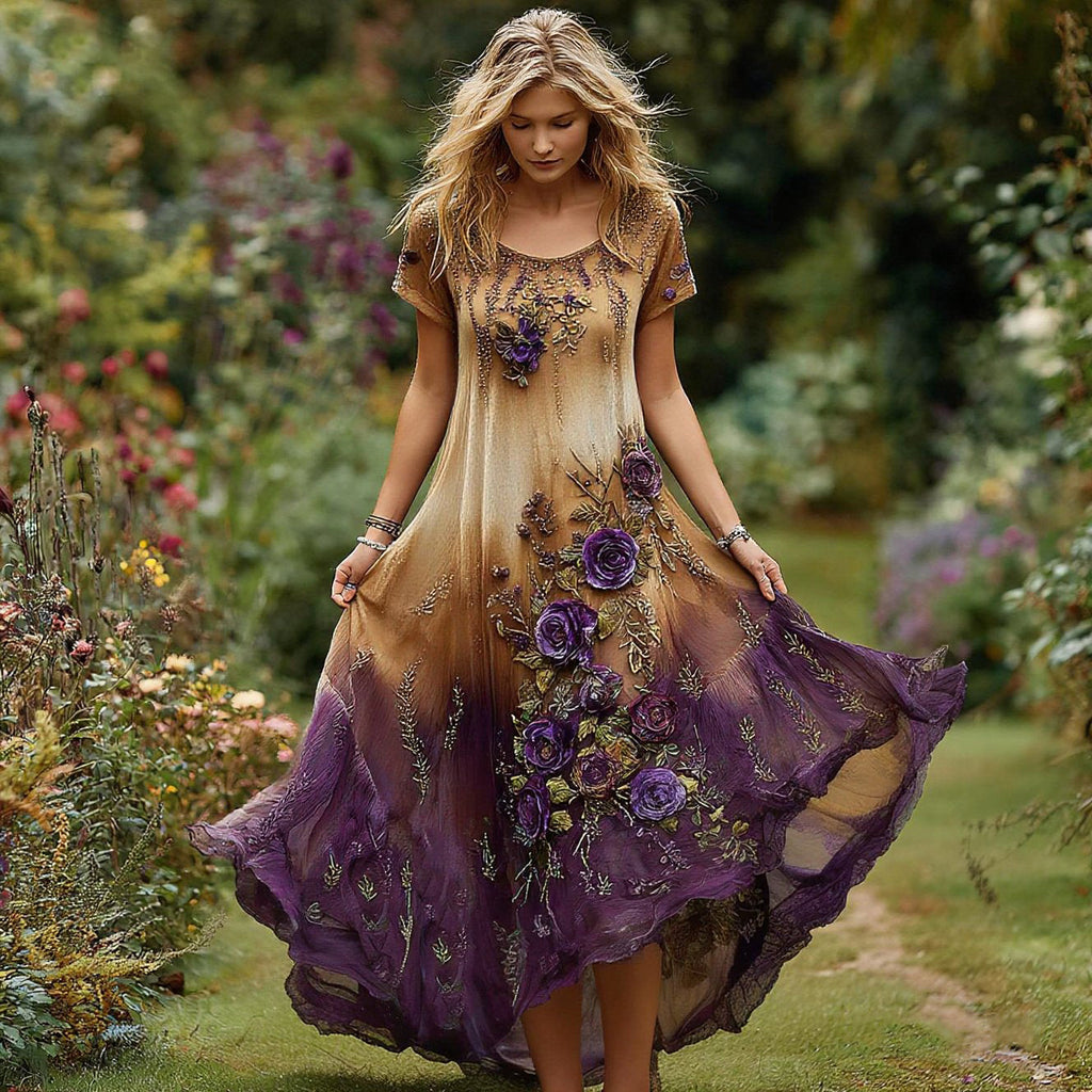 Women's Vintage Floral Embroidery Gradient Pattern Round Neck Dress artswardrobe
