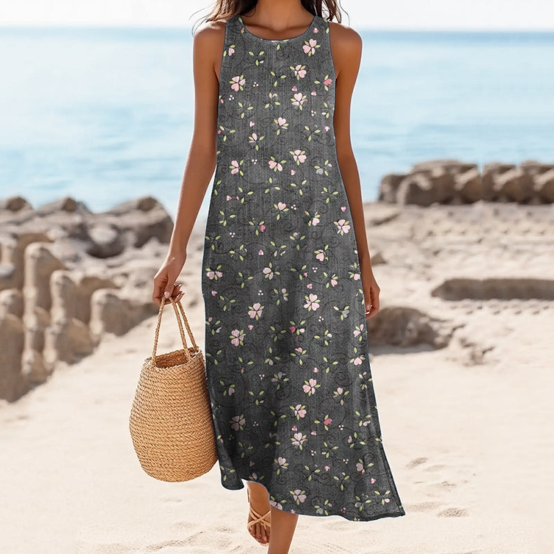 Women's Vintage Floral Art Sleeveless Dress artswardrobe