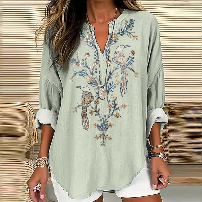 Comstylish Women's Embroidered Birds And Flowers V-neck Linen Blend Loose Blouse