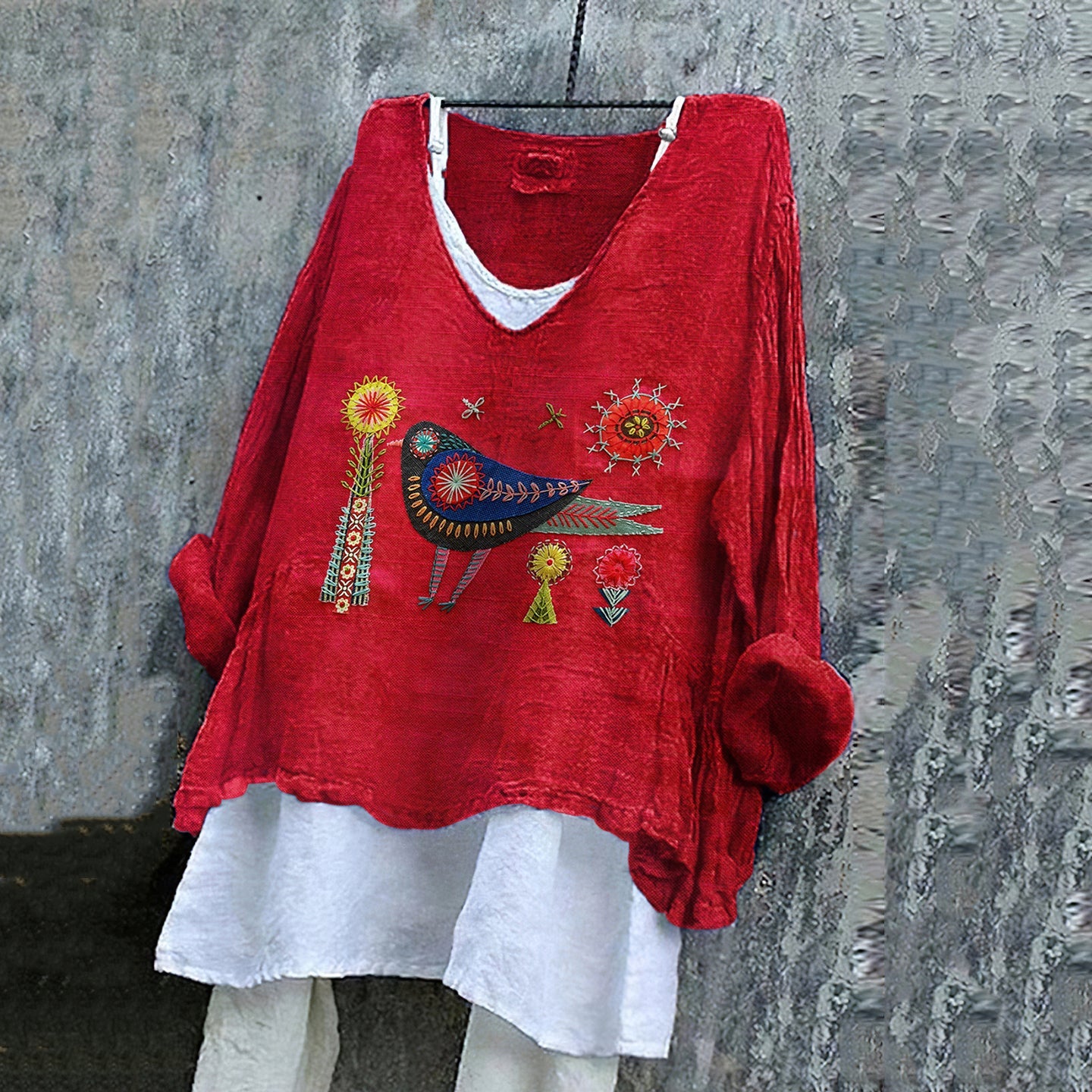 Comstylish Women's Flower And Bird Embroidery Art Linen V-neck Shirt