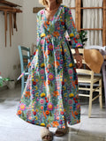 Women's Bohemian Flowers Print V-Neck Cotton Pocket Wrap Dress