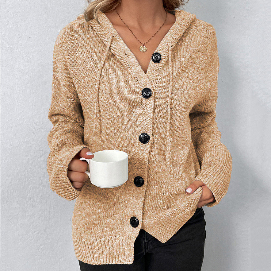 Solid Color Single Breasted Hooded Drawstring Sweater Cardigan elevenforest