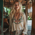 Women's Vintage Floral Ethnic Art Pattern V Neck Casual Linen Top artswardrobe