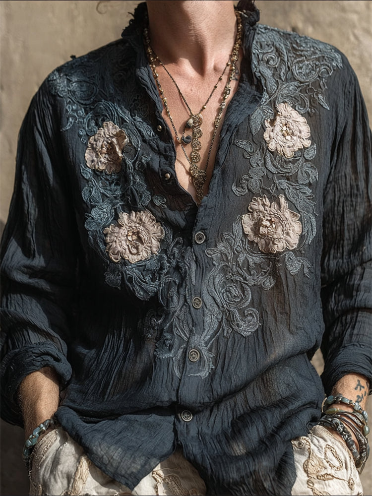 Men's Vintage Floral Embroidered Linen Shirt artswardrobe