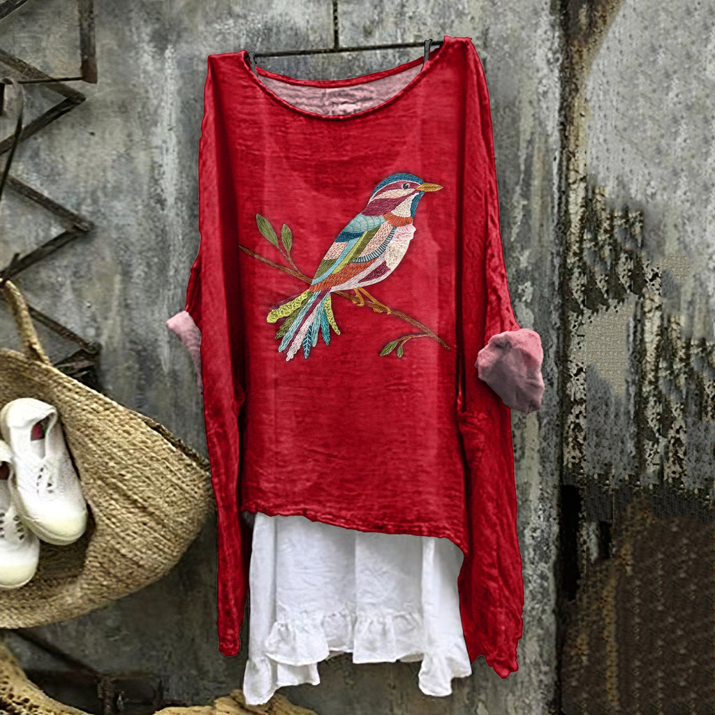 Women's Bird On Branch Art Print Cotton And Linen Shirt artswardrobe