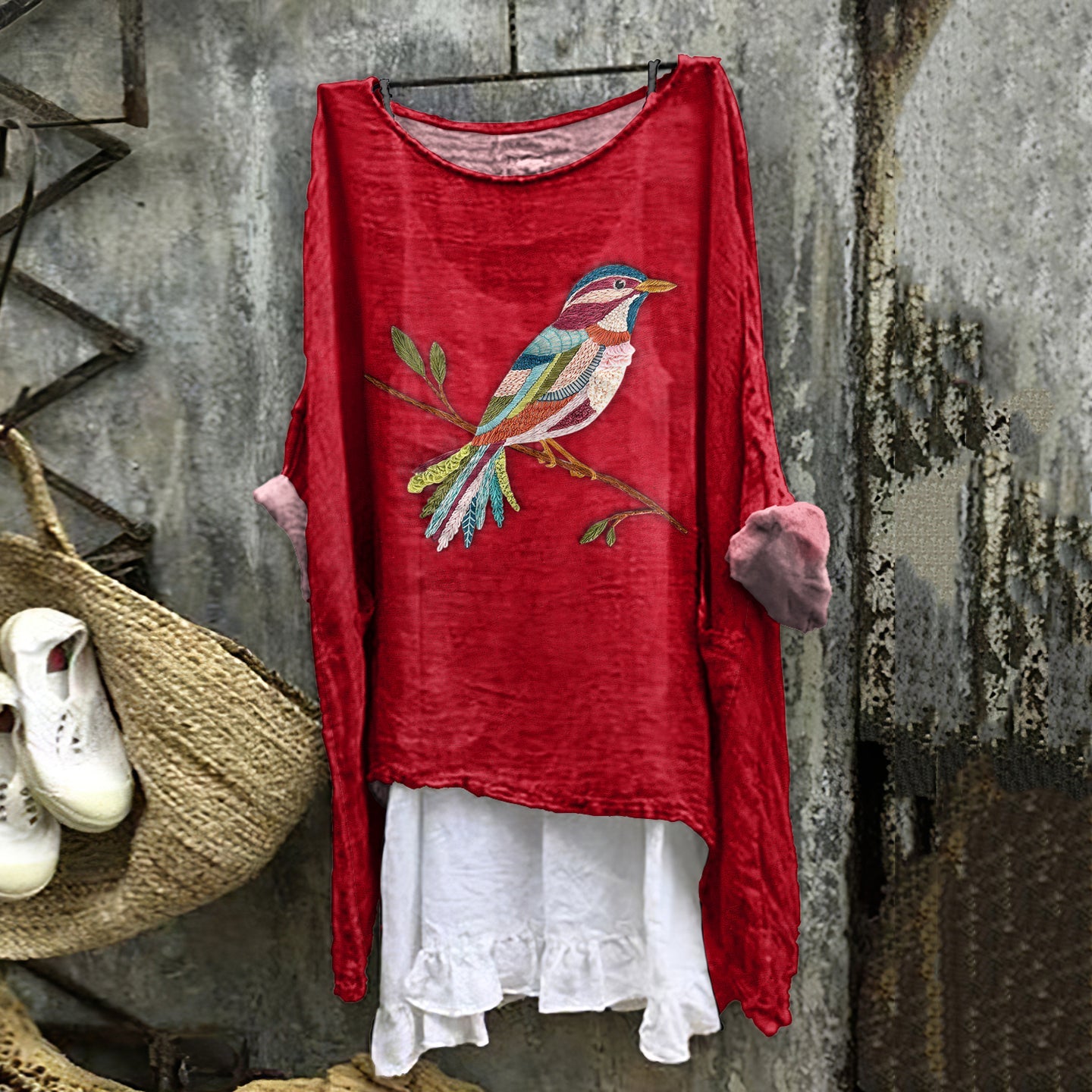 Women's Bird On Branch Art Print Cotton And Linen Shirt artswardrobe