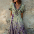 Purple Floral Embroidered Gradient Vintage Linen Maxi Dress artswardrobe