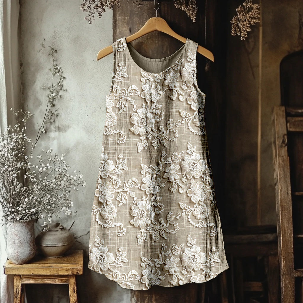 Vintage Floral Lace Embroidered Linen Blend Tank Dress artswardrobe