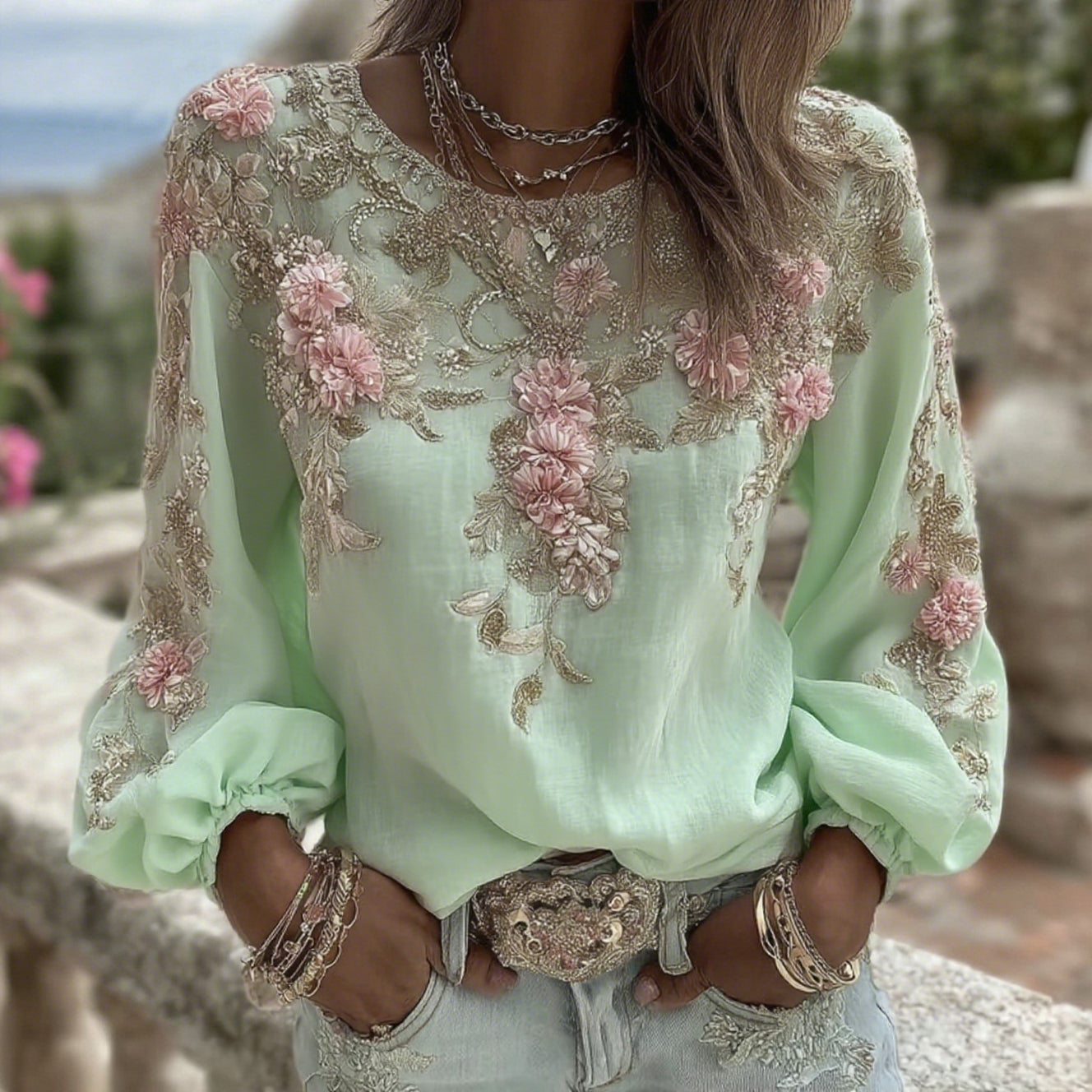 Comstylish Women's Vintage Pink Rose Embroidery Art Round Neck Long Sleeve Linen Blend T-shirt