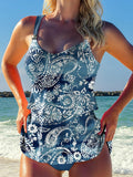 Tie Dye and Cashew Flowers Print Halter Ruffle Ruched Jacquard Tankini Short Set