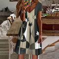 Artistic Cat Print V Neck Short Sleeve Casual Midi Dress elevenforest