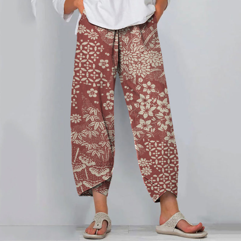 Comstylish Vintage Japanese Art Flower Print Casual Pants