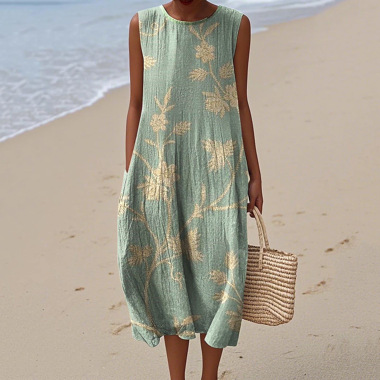 Women's Retro Floral Print Linen Tank Dress artswardrobe