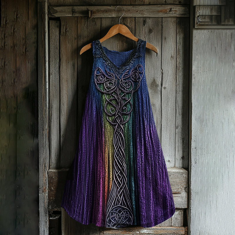 Women's Vintage Viking Tie-dye Print Cotton And Linen Dress artswardrobe