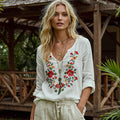 Comstylish Retro Bohemian Floral Embroidery Art Graphics Cotton And Linen Blend Loose Blouse