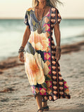 Women's Vintage Floral Art Print Pocket Cotton Dress