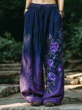 Vintage Purple Roses Embroidered Gradient Linen Trousers artswardrobe