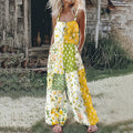 Women's Farm Floral Patchwork Contrasting Colors Linen Print Jumpsuit artswardrobe