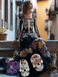 Comstylish Mexican Skull & Skeleton Embroidered Women's Long-sleeved Flowing Maxi Dress