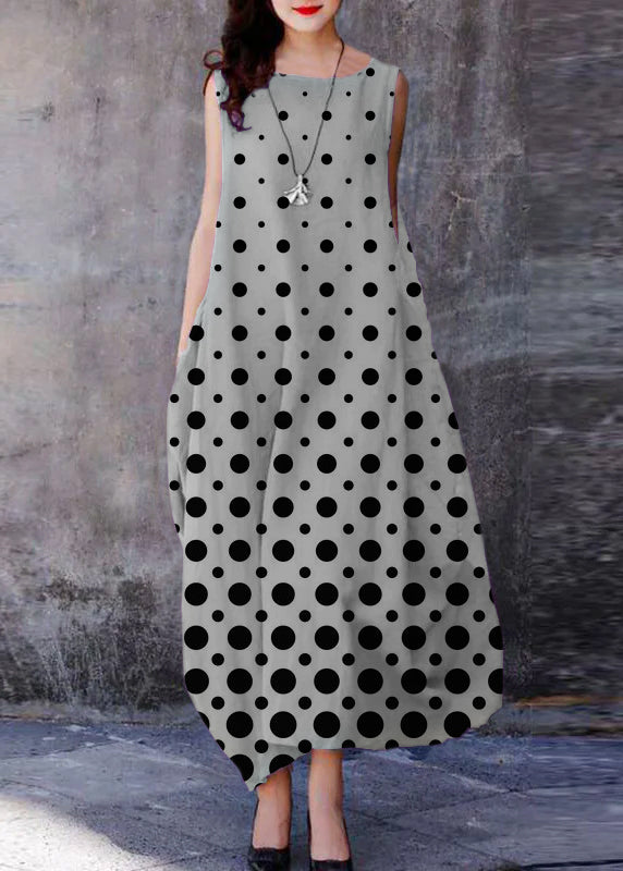 Black Spliced Polka Dots O-neck Exra Large Hem Cotton Dresses Sleeveless