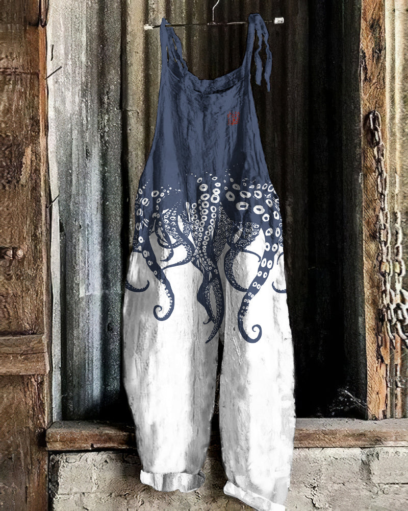 Comstylish Vintage Japanese Art Octopus Legs Print Casual Linen Blend Loose Jumpsuit