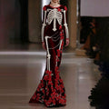 Comstylish Women's Halloween Skull Floral Velvet Crew Neck Maxi Dress