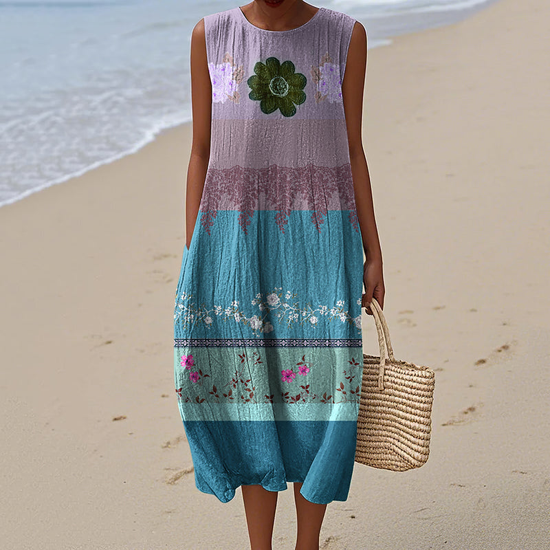 Women's Vintage Floral Art Pattern Print Sleeveless Cotton Wrap Dress artswardrobe