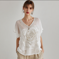 Bohemian Style Woman's V-neck White Rose Short-sleeved Shirt artswardrobe
