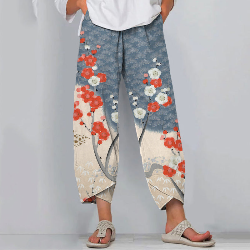 Comstylish Japanese Art Cherry Blossom Print Casual Pants