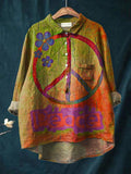 Women's Rainbow Color Retro Gradient Peace Sign Print Casual Cotton And Linen Shirt