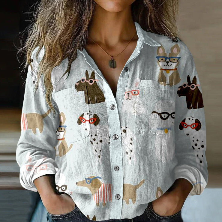 Comstylish Women's Vintage Cute Dogs Pocket Shirt