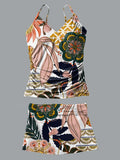 V-Neck Retro Mandala Flower Pattern Print Suspender Skirt Tankini Pantskirt Set Swimsuit