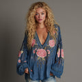 Comstylish Vintage Pink Roses Embroidered Linen Blend T-shirt