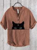 Japanese Art Black Cat Print Cotton Blend Shirt elevenforest