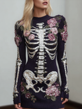 Woman's Round-necked Knitted Sweater Dress With A Skeleton Design Combined With Plant And Flower Patterns For Halloween. artswardrobe