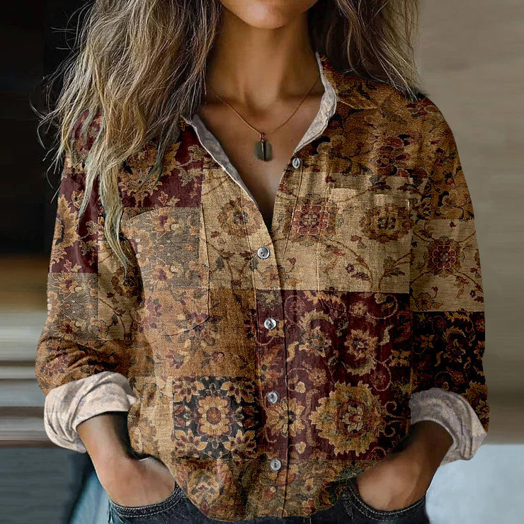 Bohemian Style Ethnic Floral Patchwork Linen Print  Long Sleeve Shirt artswardrobe