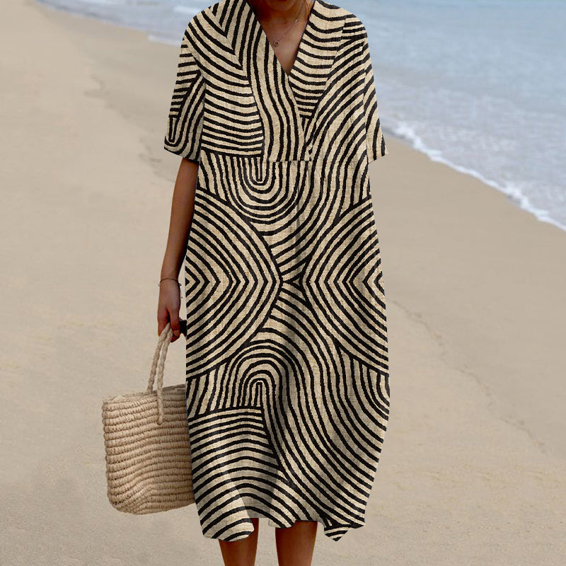 Women's Vintage Stripe Pattern Linen Comfy Maxi Dress artswardrobe